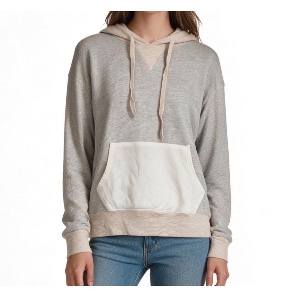MONROW Colorblock Hoodie Sweatshirt HEATHER GRAY CREAM WHITE Cotton/Viscose M